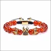 Perlé Pierre Naturelle Agate Rouge Couronne Bracelet Perle Cuivre Microincrusté Zircon Bracelets Réglable Tressé Pour Femmes Hommes Mode Jewe Dh3R0