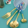 Dinnerware Sets Reusable Forks And Spoons Set Stainless Steel Knives Christmas Party Tableware Table Gold Salad