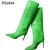 Fashion Boots Brand Fluorescent Green Blue Crocodile Leather Women Knee High Boots Heels Pointed Toe Spring Autumn Long Shoes Black 220913