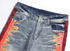Calça de jeans masculina homens strpe fogo jeans streetwear punk botões