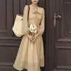 Robes décontractées printemps automne bureau femmes une ligne robe mi-mollet 2022 marque française à manches longues dentelle nœud papillon col vêtements