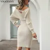 Vestido de duas peças vestidos casuais vigojany outono inverno mulheres vintage bico bege malha de manga longa v tops de pescoço de malha joelho saia ladrinhas slim fit sweater Conjunto