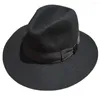 Berets Fashion Black Wol Filt Wide Fedora Hat voor mannen of vrouwen -7 cm