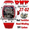 RMF YSF27-02 Męskie zegarek Real Tourbillon Mechaniczne uzwojenie ręki TPT Quartz Fibre Case szkielet szkielet czerwony gumowy pasek 2022 Super Edition Sport Eternity Watches