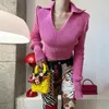 Kvinnors T-skjortor Neonbabipink Korean Fashion V Neck Long Sleeve Tops Fall Winter Clothes For Women Casual Rose Red Sticke tröja N71-EC32