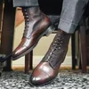 Boots Men Short Brown PU Round Head Low Heel Wing Tip Lace Up Fashion Versatile Casual Street Outdoor Daily Dress Shoes 221119