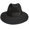 Burets Fashion Black Wool Fint Fear Brim Fedora Hat dla mężczyzn lub kobiet -7 cm
