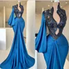 Robes de soirée sexy sirène africaine pour les femmes élégantes bleues, plus la taille une épaule col haut col en V profond drapé tenue de soirée sur mesure
