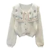 Women's cute peter pan collar sweater flower embroidery knitted single breasted cardigan coat SML