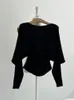 Damenpullover Korea-Stil Slash Neck Batwing Sleeve Lose Dicke Pullover Frauen Herbst Winter Solide Vintage Chic Strickpullover Top