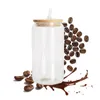 US Stock SubliMation Glass Beer Mugs With Bamboo Lid Straw Diy Blanks Frosted Clear Can Tumblers Cups Heat Transfer Cocktail Iced Coffee Soda Whisky SS1121