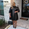 Kleider in Übergröße CMYAYA Plus Size Damen Halblanges schwarzes Kunstleder PU Aline Knielanges Kleid für Winter Frühling Streetwear Basic Kleider 221121