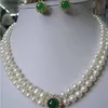 Mode-sieraden Noblest Authentic 8-9mm witte Zoetwaterparel ketting groene Jade oorbellen set