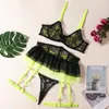 Sexig volang Neon Underkläder Set Spets Superfina Porr Underkläder Ocensurerade Fancy Delikat Intim Lyx Strumpeband 5-delad outfit