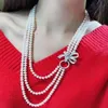 Bijoux fait à la main 3row 7-8 mm Collier de perle blanche Pendant 925 Silver Micro Inclay Zircon Leaf fermoir accessoire