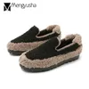 Dress Shoes mixed color lambfur flat shoes woman thicken padded warm plush winter loafers round toe anti-slip rubber flats furry espadrilles 221119