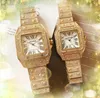 Diamants complets Hommes Femmes Carré Montres romaines Mouvement à quartz Iced Out Shiny Lover set tarière crime date automatique haut de gamme Couples Style Montres-bracelets classiques