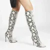 Boots British Style Pointed Toe Ultra Fine High Heeled Knee Women's Boots Snake Print Color Blocking Back Zipper Women's Shoes 220913