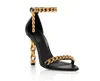 Luksusowy projektant designerski łańcuch obcasowy grzbiet sandały cienki obcasy kobiety prawdziwe skórzane wąskie opaski metalowy dekoracje zamka kostki
