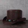 Beralar Kadın Erkek Deri Top Hat Başkanı Geleneksel Fedoras Sihirbaz Steampunk Cosplay Party Caps Dropshipship 3size 13cm4367469