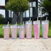 2022 New 24oz 16oz Plastic Tumblers Thicken Flap Lids Acrylic Water Bottles With Straw Double Walled Snow Globe Glasses Ribbon Cup With Wool Strip A0025