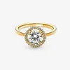 Geel goud vergulde sprankelende ronde halo -ring met originele doos voor Pandora Real Sterling Silver CZ Diamond Wedding Gift Sieraden Ringen voor vrouwelijke meisjes