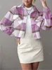 レディースジャケットSruby冬の女性コートラペル格子縞のシングルブレストウール短い秋のプリントドロップショルダークロップオーバーコート221121