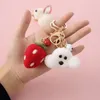 Cartoon Faux Fur Plush Rabbit Keychain Cute Wool Felt Strawberry Teddy Doll Shape Keyring Women Wallet Ornaments Gif