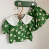 Kläderuppsättningar 2022 Summer Fashion Top Pants Set Kids Doll Collar Green Clothes Boutique Simple Style