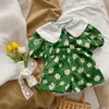 Kläderuppsättningar 2022 Summer Fashion Top Pants Set Kids Doll Collar Green Clothes Boutique Simple Style