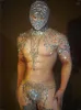 Desgaste de Palco Disfarce Nu Gogo Pole Dance Rave Cor da Carne Collant Masculino Sexy Strass Macacão Máscara Celebrar Traje Outfit