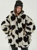 Womens Jackets SHENGPALAE Harajuku Heart Full Print Plush Jacket Women Winter Korean Loose Long Sleeve Hooded Cotton Coat Thick Warm 221122