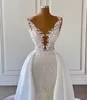 Luxury Princess Mermaid Wedding Dresses with Detachable Train Floral Lace Sheer Neck Applique Bridal Gown vestidos de novia