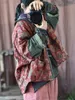 Feminino Down Parkas Johature Linen Vintage Print Print Floral Patchwork Button Coats Inverno estilo chinês quente 221122