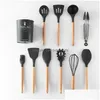 Ustensiles De Cuisine 9/11/12Pcs Ustensiles De Cuisine Sile Set Antiadhésif Spata Pelle Manche En Bois Outils Avec Boîte De Rangement Cuisine 407 Drop De Dhkes