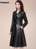 Women's Leather Faux Nerazzurri Spring autumn long black soft faux leather coat women sleeve buttons slim fit Elegant jacket 221122