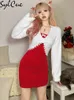 Dwuczęściowa sukienka Sylcue Prosty biały, swobodny koronkowy płaszcz z czerwonym seksownym świątecznym, jasnym, elastycznym setem damskim 221122