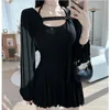 Zweiteilige Kleiderset Frauen lila schwarze Halfter Rückenless ärmellose Mini Langarm Crop Tops Koreanische Anzüge 221122