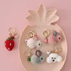Cartoon Faux Fur Plush Rabbit Keychain Cute Wool Felt Strawberry Teddy Doll Shape Keyring Women Wallet Ornaments Gif
