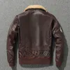 Herren-Pilotenjacke aus dickem G1-Lederimitat, Vintage-Stil, braun, lockerer Mantel, Wollkragen, klassischer Militärbomber, 100 % natürliches Rindsleder 221122