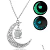 Colares de pingentes de colar de coruja luminosa mticolor lua pingente brilhando nos colares de charme de animais escuros Jewlery para mulheres k dhctw