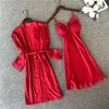 Vêtements de nuit pour femmes 2pcs femmes robe ensemble satin chemise de nuit dentelle patchwork vêtements de nuit vêtements de maison lâche lingerie intime sexy chemise de nuit