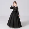 Dziewczyny sukienki Girls Formal Long Rleeves Glitter Sequins Puffy Tiul Birthday Party Dress for Kids Black Junior Druhna