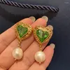 Kolczyki Dangle Green Heart Pearl Crystal Baroque Vintage Vintage High-end Kolor Biżuteria damska