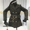 Femmes Mélanges De Laine Fil D'or Plaid Costume Manteau Femmes Entaillé Double Boutonnage Plume Gland Garniture Mince Veste En Tweed Avec Sac De Ceinture Gratuit 221122