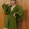 Casual Dresses Office Sexy Low Cut Pleated Backless Lantern Sleeve Summer Woman V Neck High Waist A Line Green 221121