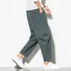 Calça masculina estilo coreano harém moda harém harém vintage calça de perna larga e largura de tamanho grande bolso de cordão gaia