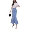 Faldas Coreanas de una sola pieza Moda Falda de mezclilla para mujer 2022 Bolsa de verano Hip Fishtail A-Line Azul Largo Femenino