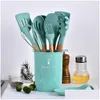 Ustensiles De Cuisine 9/11/12Pcs Ustensiles De Cuisine Sile Set Antiadhésif Spata Pelle Manche En Bois Outils Avec Boîte De Rangement Cuisine 407 Drop De Dhkes