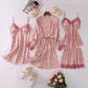 Home Abbigliamento Leopard Sleepwear Satin Women 4PCS Pigiama Set Robe 2022 Sexy Nightwear Kimono Accappatoio Abito da salotto allentato con pizzo